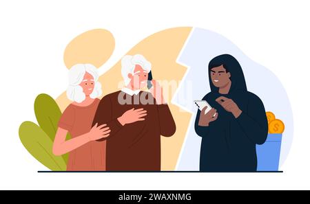Stealing money from old people using mobile phone vector illustration. Cartoon elderly couple talking to scammer on telephone, dangerous conversation with thief of grandmother and grandfather victims Stock Vector