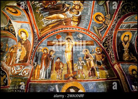 Frescoes in the Karanlik Kilise, the Dark Church in Goreme Open Air Museum in Turkey. The frescoes are well preserved because of the complete absence Stock Photo