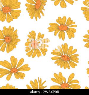 Psychedelic flower characters seamless pattern. Retro seamless pattern comic doodle collection of trippy mascots with yellow petals and funny faces, funky sad, happy daisy with heart sunglasses. Stock Vector