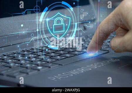 Keypad, cyber shield, lock, technology security system. Digital link. Cyber security with advanced technology. Stock Photo