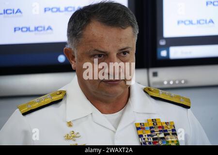 DETENCION NARCOTRAFICO GRAN FENIX 3 Quito 7 de enero 2024. Rueda de prensa por parte del Jefe de Estado mayor de las Armada Pablo Caicedo Salvador y el director nacional de Antidrogas Willian Villaroel Trujillo donde dan a conocer la detencion conjunta con fuerzas colombiana de los hermanos Cuero Valencia importantes miembros de un red de narcotrafico que operaba en la frontera Colombo Ecuatoriana. API / DANIEL MOLINEROS Quito Pichincha Ecuador CLJ-DETENCIONNARCOTRAFICOGRANFENIX3-338e545f6e9c3d2363b0c7c9a9329321 *** NARCOTRAFFICKING DETENTION GRAN FENIX 3 Quito January 7, 2024 Press conference Stock Photo