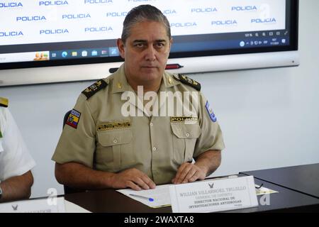 DETENCION NARCOTRAFICO GRAN FENIX 3 Quito 7 de enero 2024. Rueda de prensa por parte del Jefe de Estado mayor de las Armada Pablo Caicedo Salvador y el director nacional de Antidrogas Willian Villaroel Trujillo donde dan a conocer la detencion conjunta con fuerzas colombiana de los hermanos Cuero Valencia importantes miembros de un red de narcotrafico que operaba en la frontera Colombo Ecuatoriana. API / DANIEL MOLINEROS Quito Pichincha Ecuador CLJ-DETENCIONNARCOTRAFICOGRANFENIX3-ae6c1789982523bf2d83b21422a1dab1 *** NARCOTRAFFICKING DETENTION GRAN FENIX 3 Quito January 7, 2024 Press conference Stock Photo