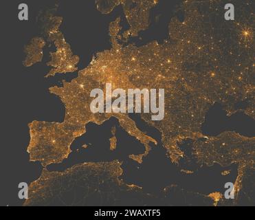 Night satellite view of Europe and the Mediterranean Sea. City and street lights. Elements of this image are furnished by Nasa Stock Photo