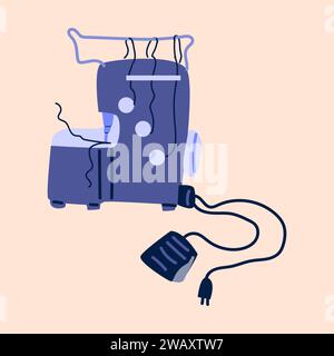 sewing machine overlocker icon. Vector illustration on peach color background. Blue sewing equipment in hand drawn cartoon style. Needlework concept.  Stock Vector