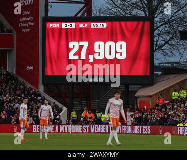 Nottingham, UK. 07th Jan, 2024. The attendance is 27,909 during the Emirates FA Cup Third Round match Nottingham Forest vs Blackpool at City Ground, Nottingham, United Kingdom, 7th January 2024 (Photo by Mark Cosgrove/News Images) Credit: News Images LTD/Alamy Live News Stock Photo