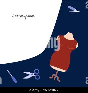 repair and sewing of clothes concept cartoon background with sewing tools. Vector illustration of mannequin, scissors, pen, steamer tool.  Stock Vector