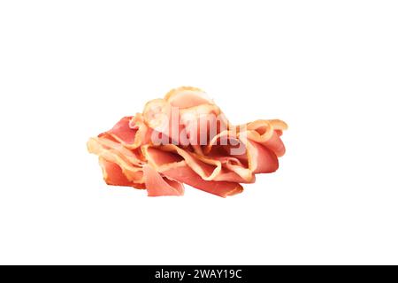 Slices of jamon. Raw ham. Isolated on white background. Stock Photo