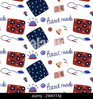 needlework Hand drawn seamless background. Vector illustration with sewing tools - hand made concept illustration.  Stock Vector