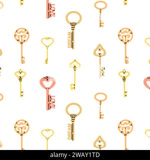 cartoon different various vintage keys seamless background. Vector illustration isolated. Yellow and pink colors.  Stock Vector
