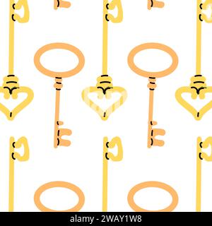golden keys seamless background isolated. Vector illustration of modern keys with heart shape. Cartoon vector illustration - pattern, Can used for textile, poster, decoration element.  Stock Vector