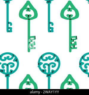 Vintage green keys in cartoon style seamless background. Vector illustration isolated. Cartoon keys - beauty decoration background.  Stock Vector