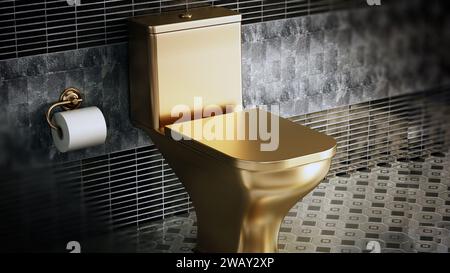 Golden toilet in luxury bathroom. 3D illustration. Stock Photo