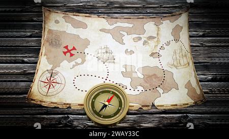 Treasure map and vintage compass standing on old wood table. 3D ...