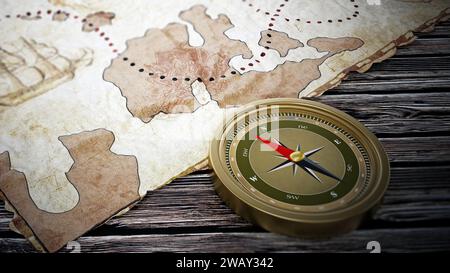 Treasure map and vintage compass standing on old wood table. 3D ...
