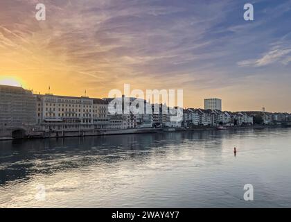 View of northwest bank of the Rhine River from Mittlere Brücke in Basel, Switzerland. Stock Photo