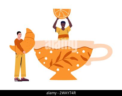 Drink tea. Man in big porcelain cup. Hot aroma beverage preparing. Guy holding delicious croissant. Sweet pastry. Lunch snack. Herbal or lemon flavor. Tiny people. Huge ceramic mug. Vector concept Stock Vector