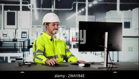 Engineer Using PC In Automated Semiconductor Assembly Line Stock Photo