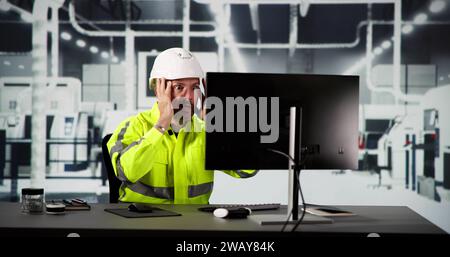 Engineer With Head Ache In Automated Semiconductor Assembly Line Stock Photo