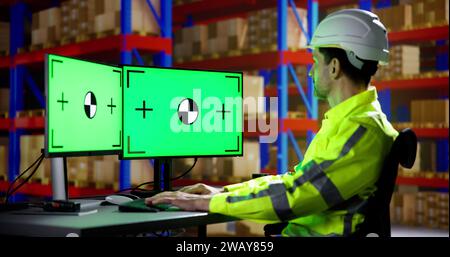 Engineer Using PC Monitor With Green Screen Stock Photo