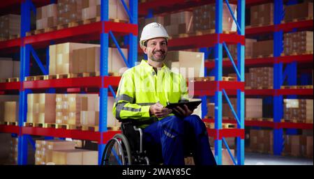 People In Wheelchair Doing OSHA Inspection In Logistics Warehouse Stock Photo