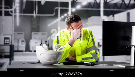 Shocked Engineer In Automated Semiconductor Factory During Ransomware Attack Stock Photo