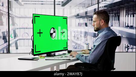 Blank Desktop Computer Screen In Office. Man Looking At Job Screen Stock Photo