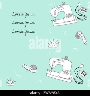 needlework concept background on blue backdrop. Vector illustration outline on blue background. Can used for banner, flyer, greeting card, invitation.  Stock Vector