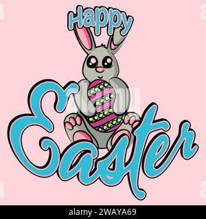 Colourful cute Easter bunny holding an Easter Egg with Happy Easter text in a Cartoon style Stock Vector