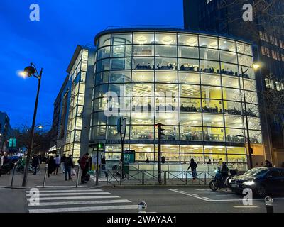 Paris, France, Outside View at Night, Modern Architecture, Public Library, 'Jean-Pierre Melville' Street Scene Stock Photo