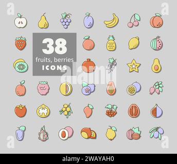 Set of Fruits and Berries vector icon. Graph symbol for food and drinks web site, apps design, mobile apps and print media, logo, UI Stock Vector