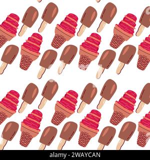 seamless pattern with different tasty ice cream. Vector illustration with chocolate and red berry ice cream seamless background.  Stock Vector