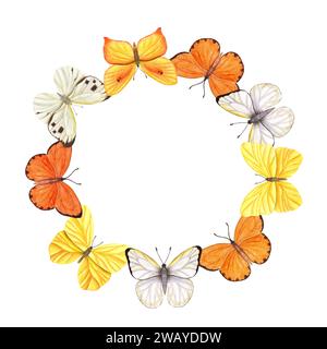 Wreath with yellow, orange and white butterflies. Watercolor illustration. For postcard design, invitation template, Valentine day, birthday Stock Photo