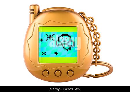 Golden pets pocket game. Tamagotchi toy game, 3D rendering isolated on white background Stock Photo