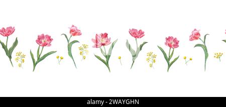 Seamless border with pink tulips and yellow flowers. Spring flowers, green leaves. Floral horizontal pattern. For Save the Date, Valentines day Stock Photo