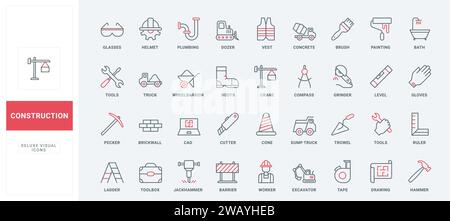 Construction site tools and equipment line icons set. Safety helmet and boots of contractor, blueprint of building and builders wheelbarrow thin black and red outline symbols, vector illustration Stock Vector