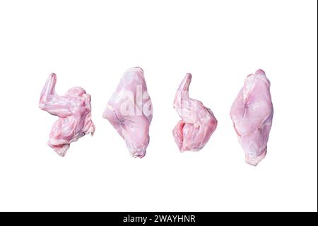Raw rabbit legs slices Isolated on white background, top view Stock Photo