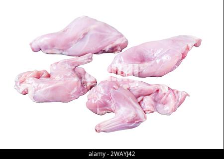 Raw rabbit legs slices on a butcher board. Isolated on white background, top view Stock Photo