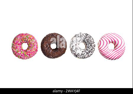Assorted glazed donuts Isolated on white background, top view Stock Photo