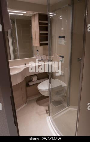 View of the bathroom and toilet on interior cabin on the MSC Euribia sailing in Northern Europe (July 23). Stock Photo
