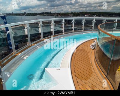One of the outdoor whirlpool hot tubs (jacuzzis) on the pool deck on the MSC Euribia sailing in Northern Europe (July 23). Stock Photo