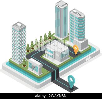 Isometric city map mobile navigation. Urban district on smartphone screen with start and finish pins. Modern logistic or delivery, flawless vector Stock Vector