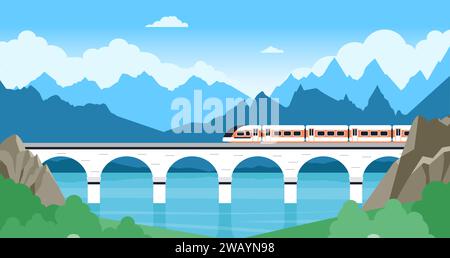 Train on bridge landscape. Electric railway in mountain, travel and adventures. Fast transportation on modern railroad, traveling decent vector Stock Vector
