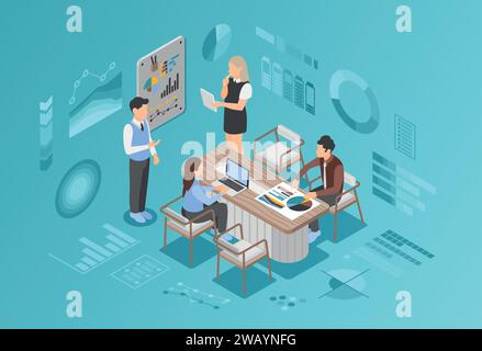 Isometric office team working. Brainstorm process, managers discuss graphs, plans or financial results. Start up development, flawless vector scene Stock Vector