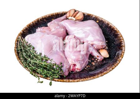 Raw fresh rabbit legs on a plate with herbs. Isolated on white background, top view Stock Photo