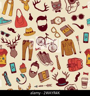 Hipster pattern. Beard sneakers mustache gadgets. Vector seamless background Stock Vector