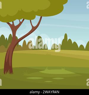 Forest glade. Green outdoor landscape in woods. Vector illustration in cartoon style Stock Vector