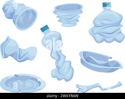 Plastic bottles. Crumpled broken containers and bottles exact vector eco garbage illustrations in cartoon style Stock Vector