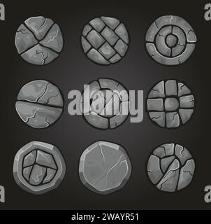 Round stones. Game ui templates round forms hatches recent vector cartoon collection set Stock Vector