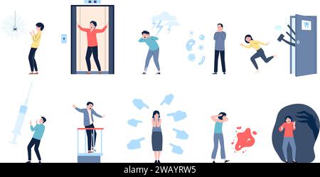 Human phobias. People have different scares, claustrophobia, arachnophobia. Adults afraid doctors and lightnings, blood and dark, recent vector set Stock Vector