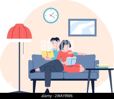 Couple resting on comfy sofa. Weekend relax together at home, reading book or studying. Young adults rest on couch in living room, recent vector scene Stock Vector